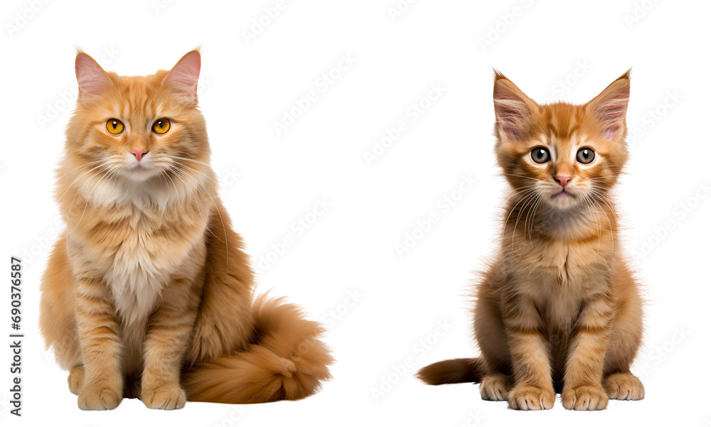 Set of Cute Orange Cat: A Seated Kitten and Adult Compilation, Isolated on Transparent Background, PNG