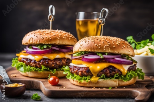  tasty burgers with layers of grilled meat,cheese, Appetising food 