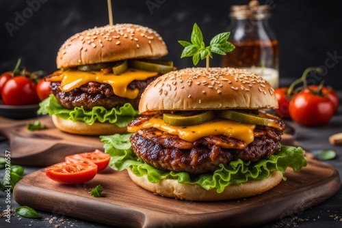  tasty burgers with layers of grilled meat,cheese, Appetising food 