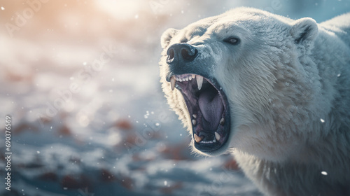 Polar bear growls angrily  saliva flies  winter background created with Generative Ai