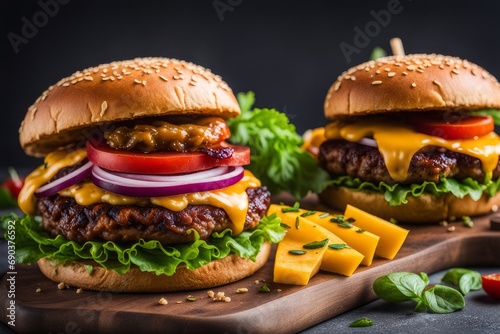  tasty burgers with layers of grilled meat cheese  Appetising food 