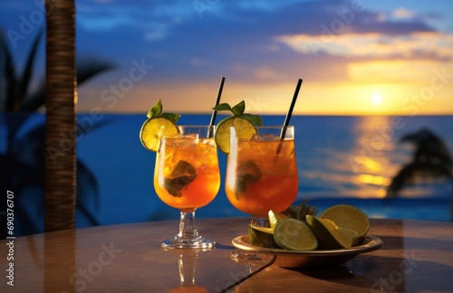 two glasses of tropical drink with flower on top
