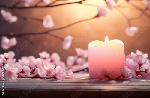 valentines day heart shaped candle lighting on blossoms background