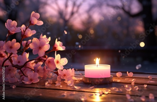 valentines day heart shaped candle lighting on blossoms background