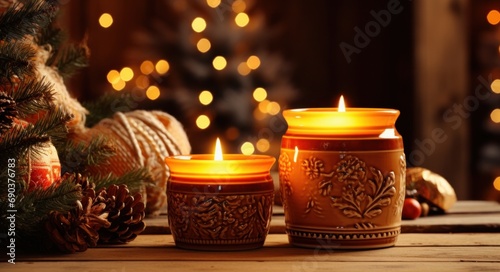 warming candles lit by christmas tree and fireplace on wood table in winter i...