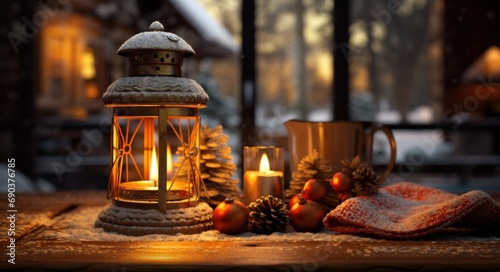 warming candles lit by christmas tree and fireplace on wood table in winter i...