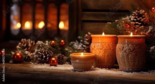 warming candles lit by christmas tree and fireplace on wood table in winter interior 
