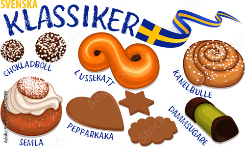 A collection of Swedish pastry Lussekatt chokladboll pepparkaka dammsugare kanelbulle och semla photo