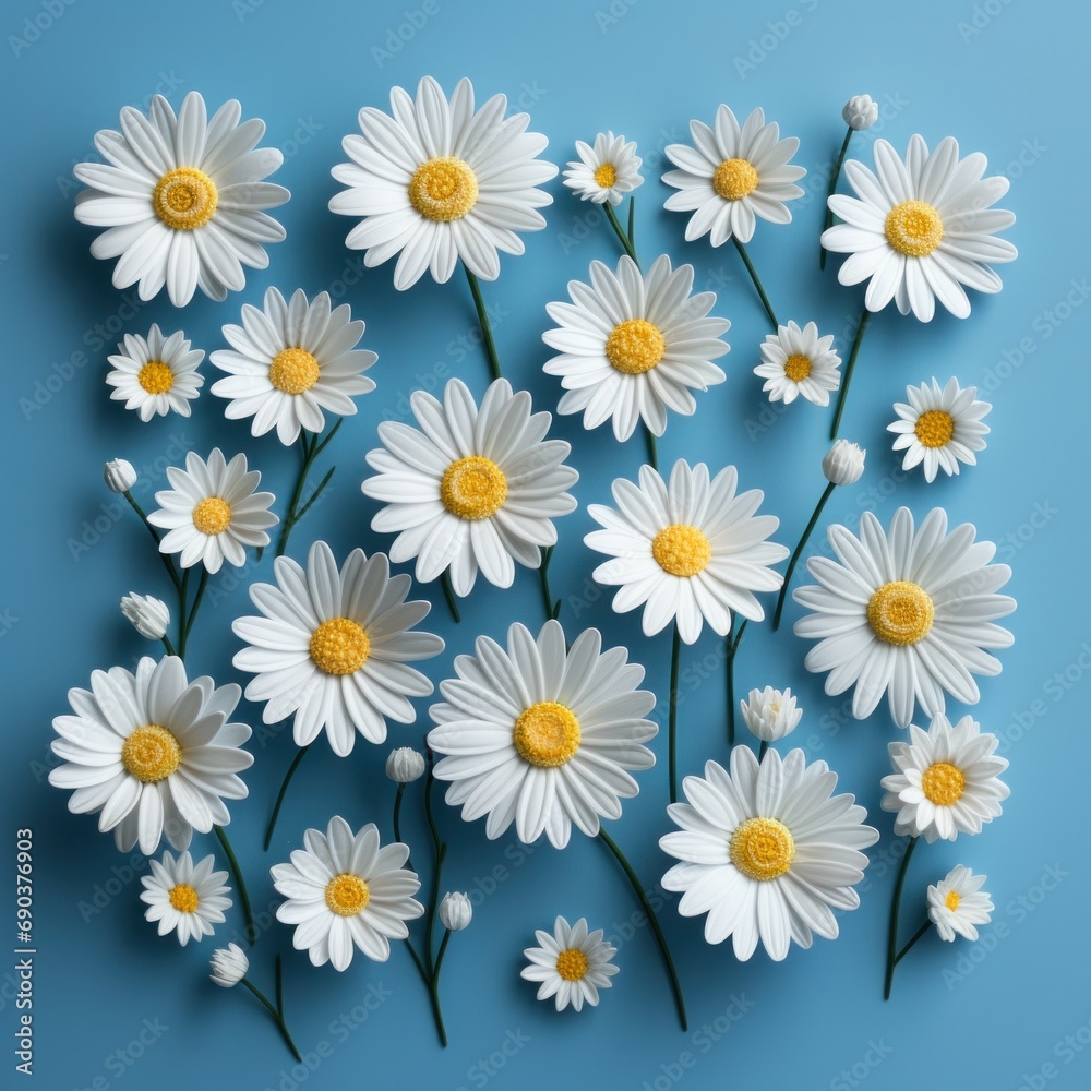 white daisies in the shape of a cross, white frame background on pale blue