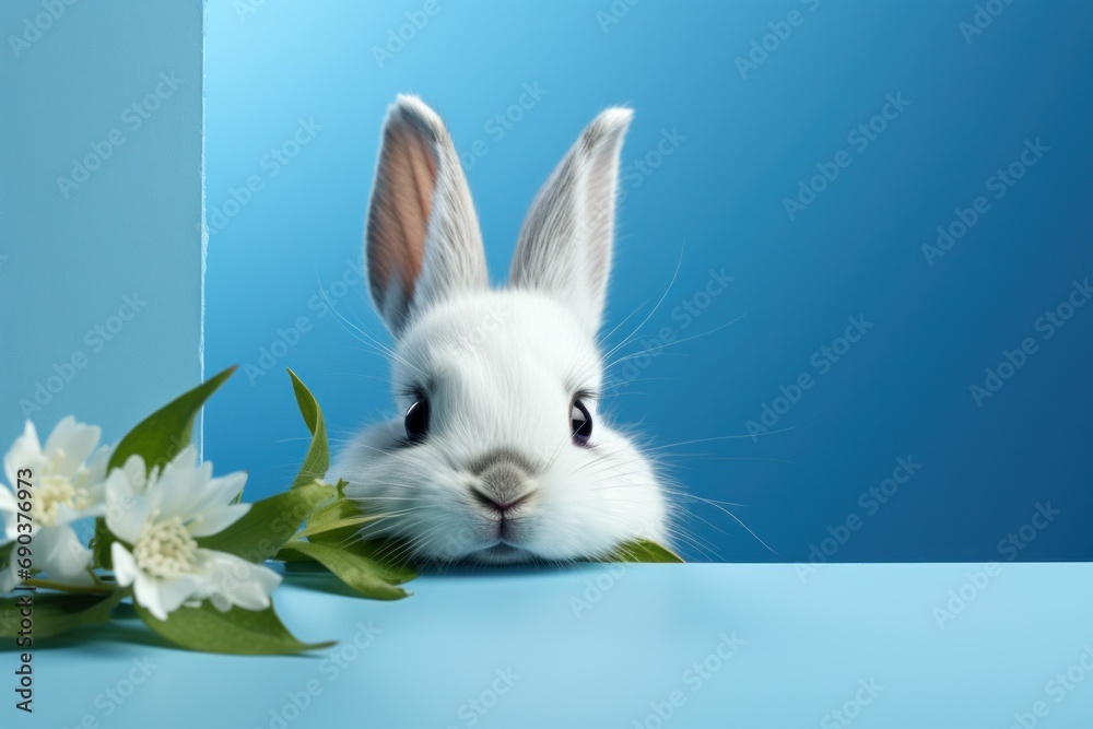 Obraz premium white rabbit peeking at something through a blue background