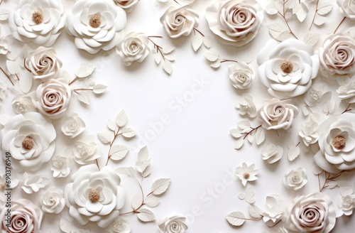 white frame of flowers with flowers on a grey background