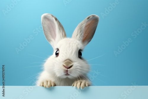 white rabbit peeking at something through a blue background © olegganko
