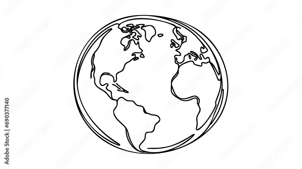 Globe. Earth globe one line drawing of world map minimalist vector illustration isolated on white background. - obrazy, fototapety, plakaty 