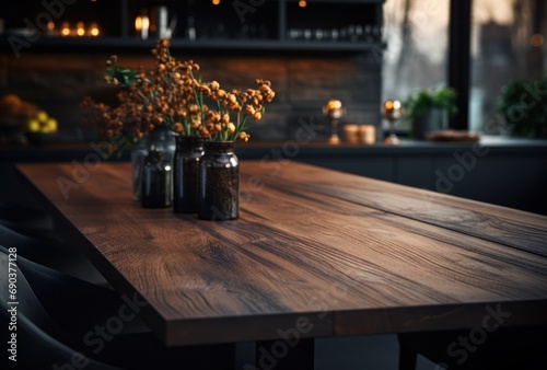 wooden dining table in a modern kitchen