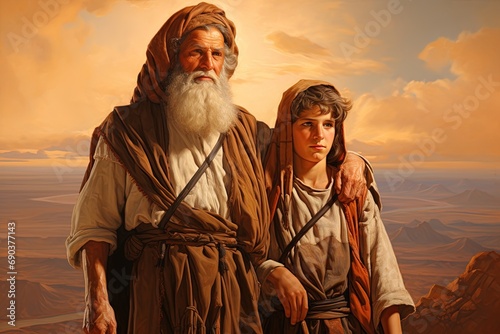 Abraham and his son Isaac in mountain Moriah, Bible story.	
 photo