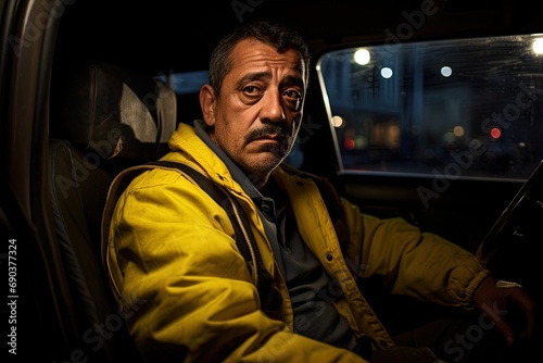 Portrait of taxi driver in a car. © Bargais