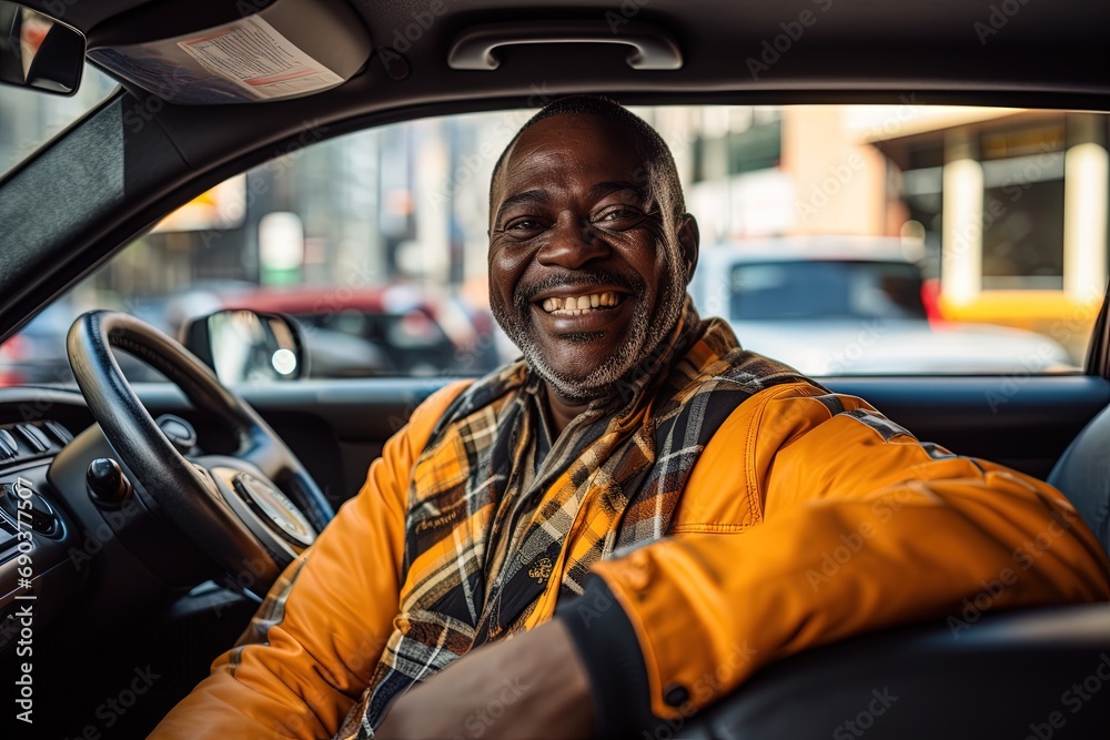 Portrait of smiling taxi driver in a car. Portrait of smiling taxi driver in a car.