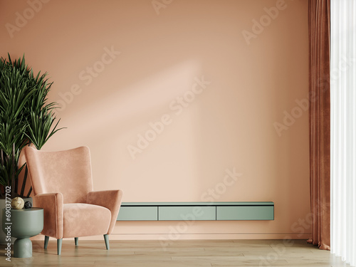 Peach fuzz is a trend color year 2024 in the luxury living room. Painted mockup wall for art - peach apricot beige pastel colour. Modern room design interior home. Accent premium lounge. 3d render