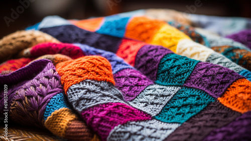 Handmade Colorful Patchwork: A close-up of a knitted blanket with vibrant, handcrafted patches, showcasing the artistry in every stitch. © Наталья Евтехова