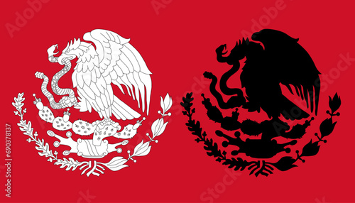 Symbol of Mexico. Coat arms with eagle Black silhouette and outline coloring flag emblem. Vector illustration