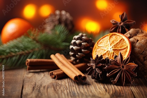 Traditional Christmas spices and dried orange slices on holiday bokeh background.