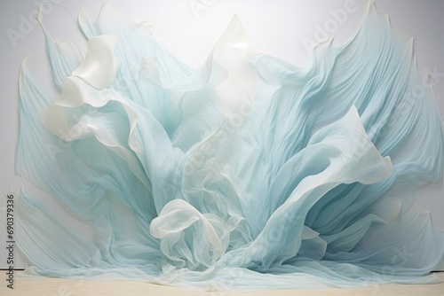 Witness a delicate dance as translucent aquamarine and pearl white fluids collide, forming an otherworldly 3D abstract tapestry with captivating details. photo