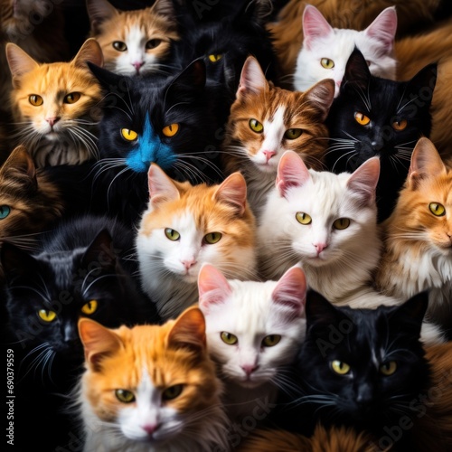 A large group of cats all looking at the camera