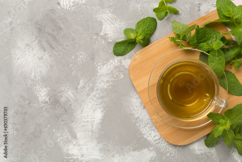 Fresh mint tea on concrete background,top view