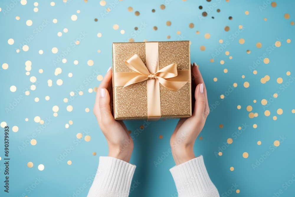 Woman hands holding gift box with ribbon. Woman hands holding gift box with ribbon.