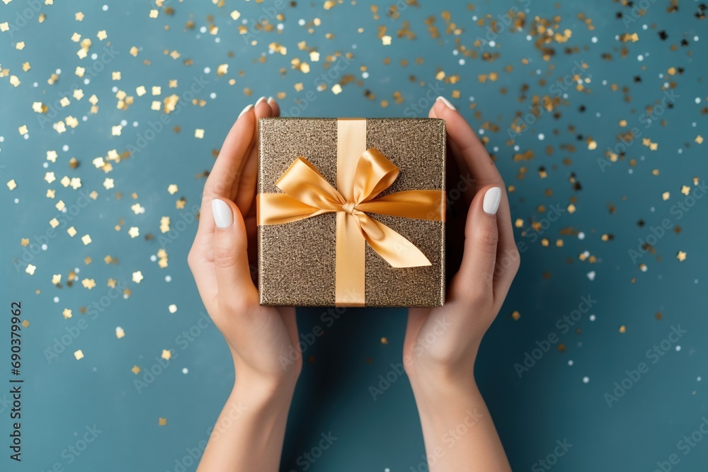 Woman hands holding gift box with ribbon. Woman hands holding gift box with ribbon.