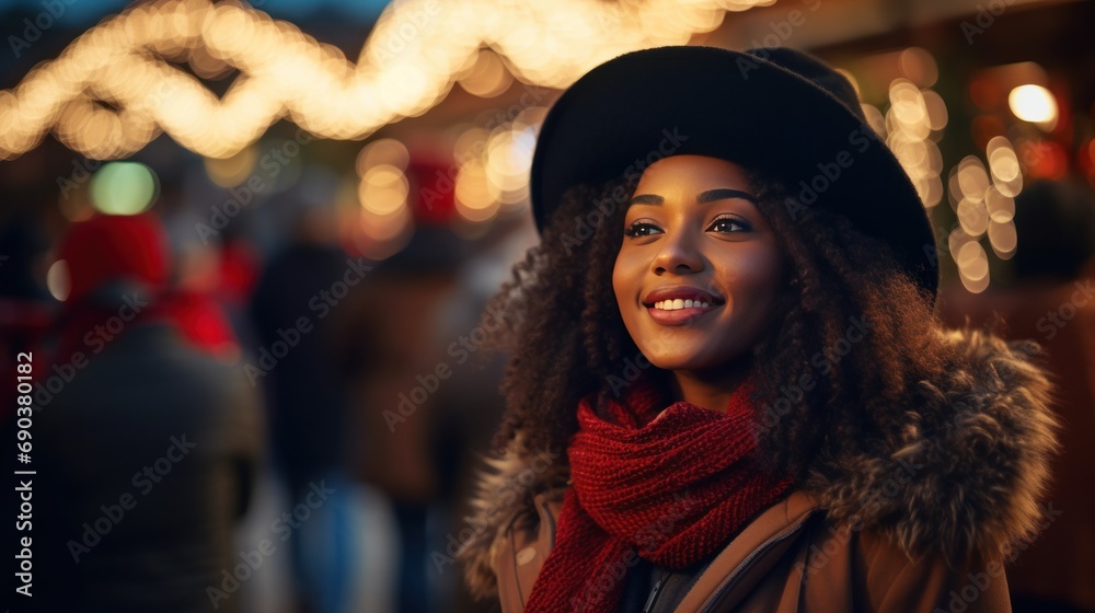 A black woman walks through the Christmas market, decorated with festive lights in the evening. Winter holidays generative ai
