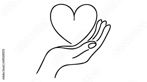 Continuous one line drawing hand holding heart. Charity donation linear concept. Vector isolated on white