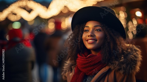 A black woman walks through the Christmas market, decorated with festive lights in the evening. Winter holidays generative ai