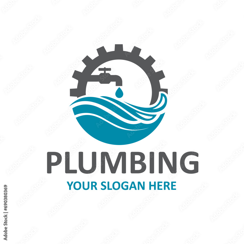 plumbing service icon with gear and water faucet isolated on white background
