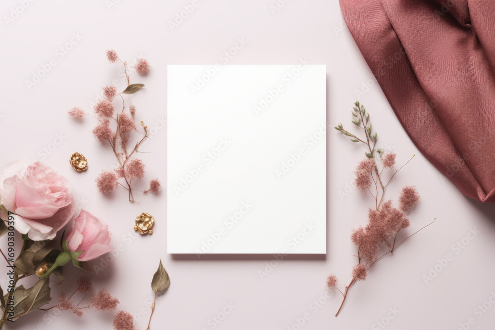 Mock up of white wedding invitation with dusty pink accents and floral elements. Generative AI