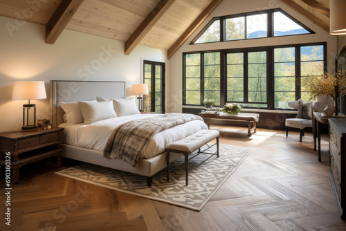 Farmhouse interior design of modern bedroom with hardwood floor. Generative AI