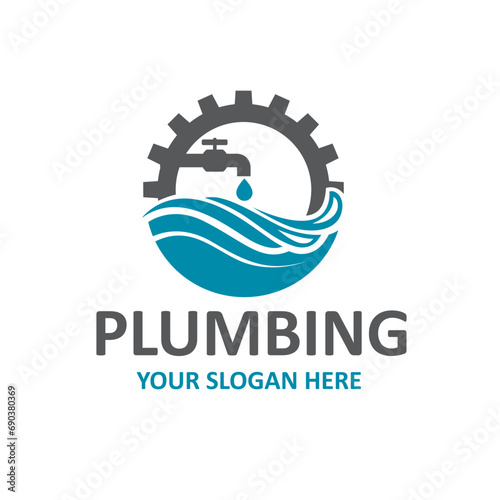 plumbing service icon with gear and water faucet isolated on white background