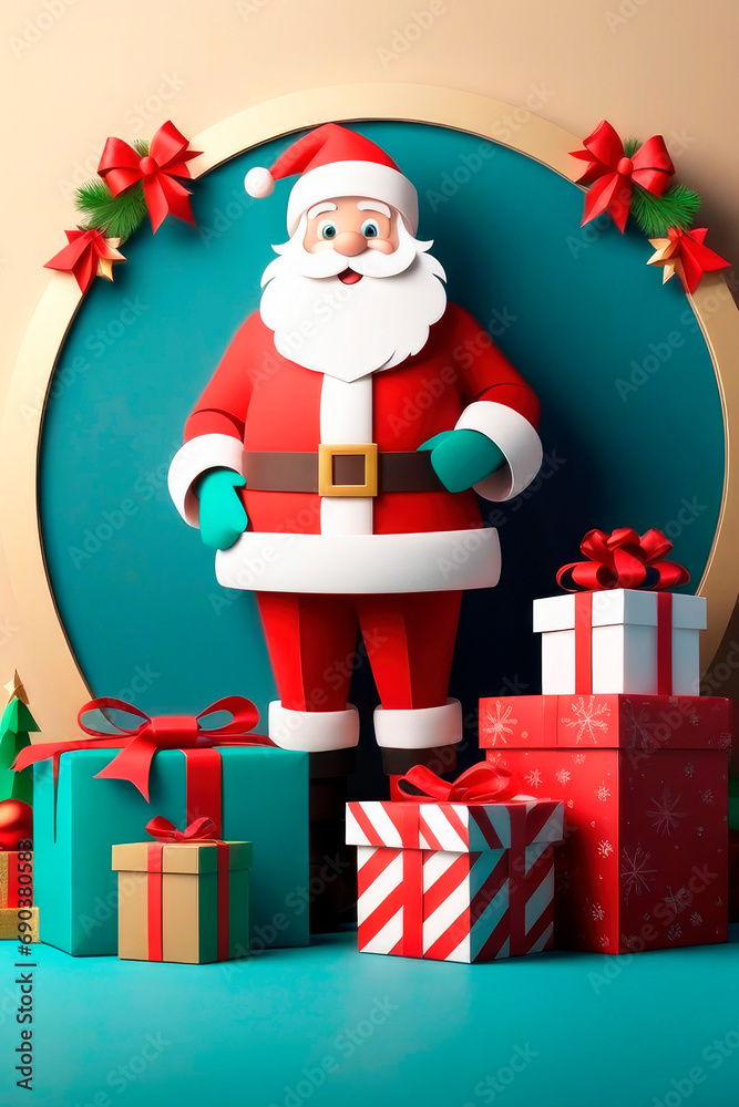 Christmas and happy new year greeting card in paper art and craft style. Santa delivering gifts against christmas tree. Christmas and happy new year greeting card in paper art and craft style. Santa delivering gifts against christmas tree.