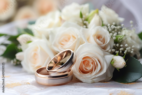 Wedding card in white colors with flowers and wedding rings. Generative AI