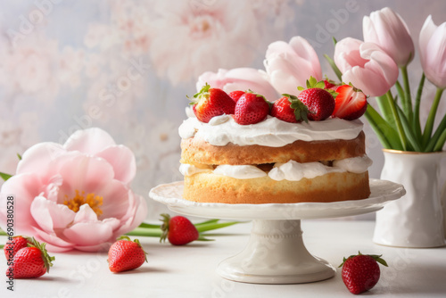 Strawberry shortcake with tulips to the side. A spring food concept on light sunny background. Generative AI