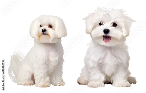 Set of Cute White Maltese Companions: Sitting Puppy and Adult Maltese Dogs, Isolated on Transparent Background, PNG
