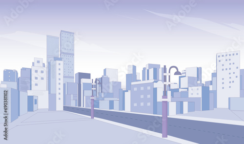 light Purple cityscape background and sky  urban building skyline panoramic illustration. Monochrome urban landscape with clouds in the sky. Modern architectural flat style vector illustration.