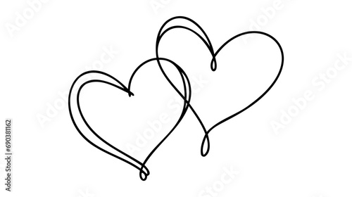 One Continuous line drawing of two hearts with love signs. Thin curls and romantic symbols in simple linear style.