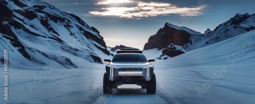 Futuristic SUV with silver light in winter on an icy snowy road on off-road tires. Crossover of the future electric