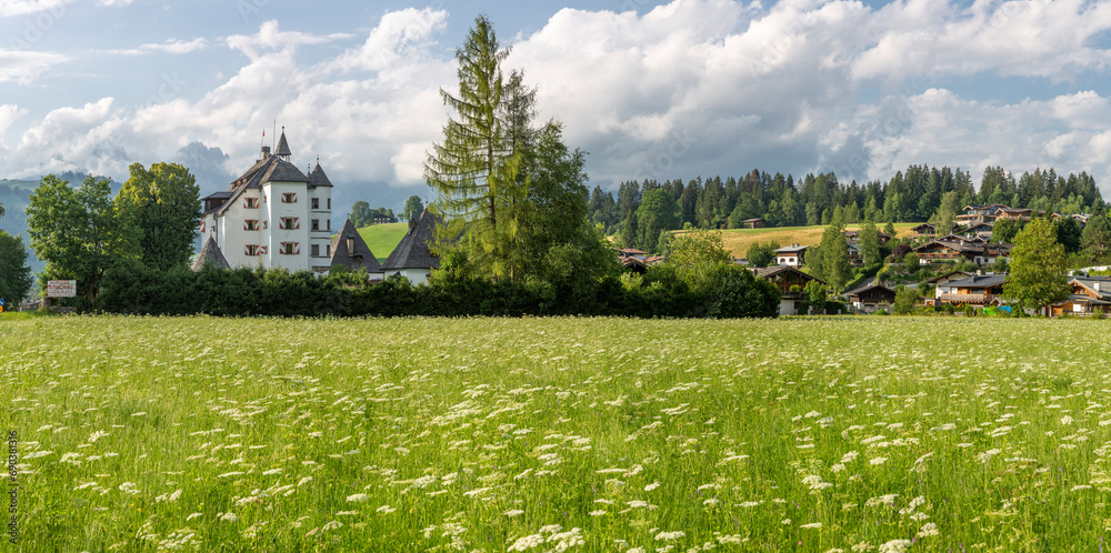 Muenichau castle with Wilder Kaiser mountain massif in the background