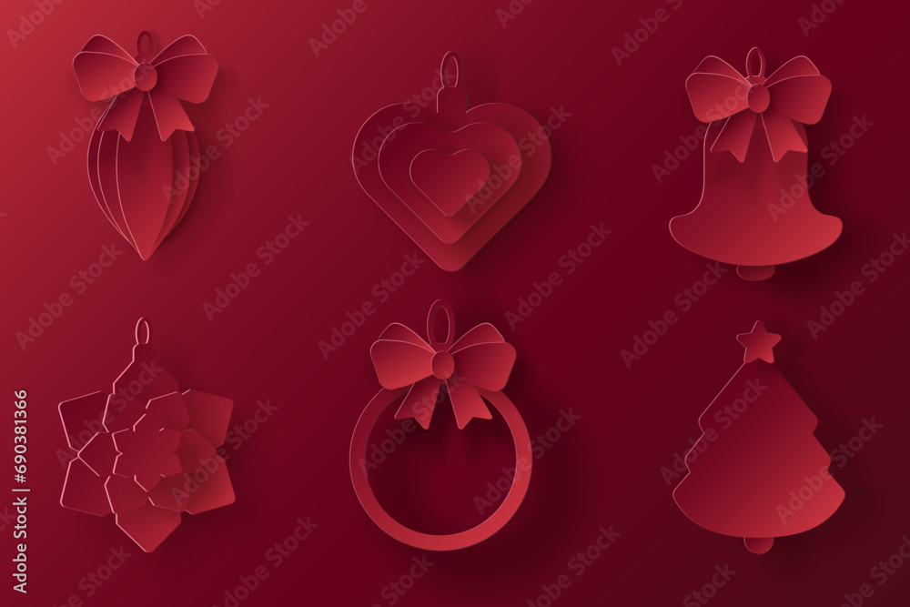 Vector set of red christmas paper cut 3d pendants on bordeaux colored background. Xmas design elements for presentation, banner, cover, web, flyer, card, sale, poster, slide and social media. Vector set of red christmas paper cut 3d pendants on bordeaux colored background. Xmas design elements for presentation, banner, cover, web, flyer, card, sale, poster, slide and social media.
