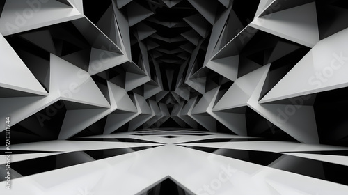 3d rendering of black and white abstract geometric background. Scene for advertising, technology, showcase, banner, game, sport, cosmetic, business, metaverse. Sci-Fi Illustration. Product display