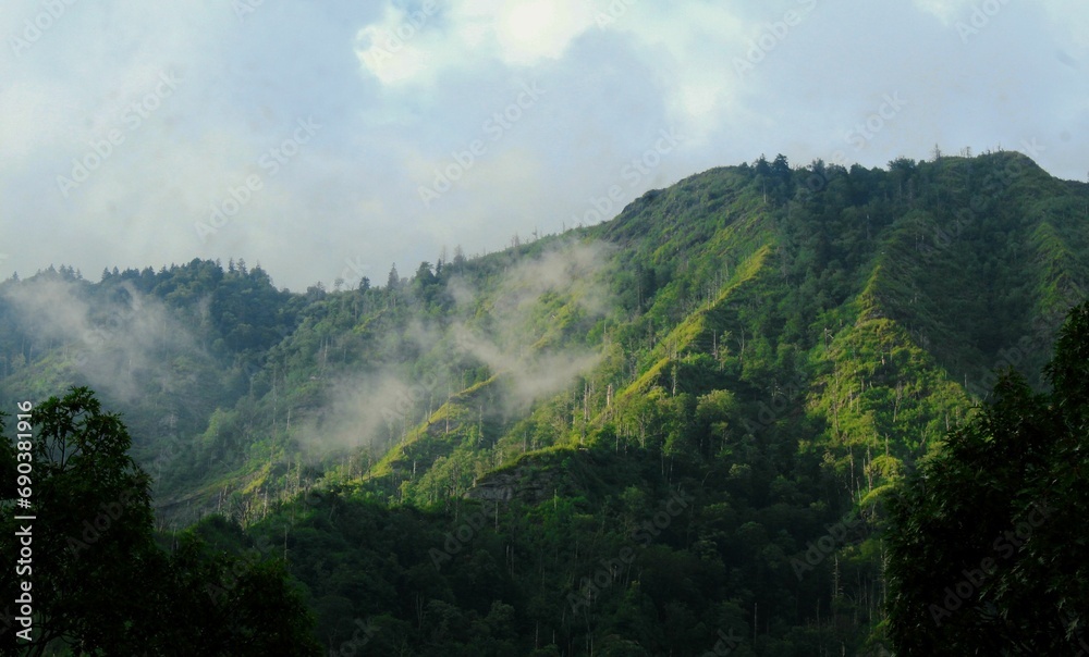 low mist hangs over the steep mountainside on a foggy day low mist hangs over the steep mountainside on a foggy day