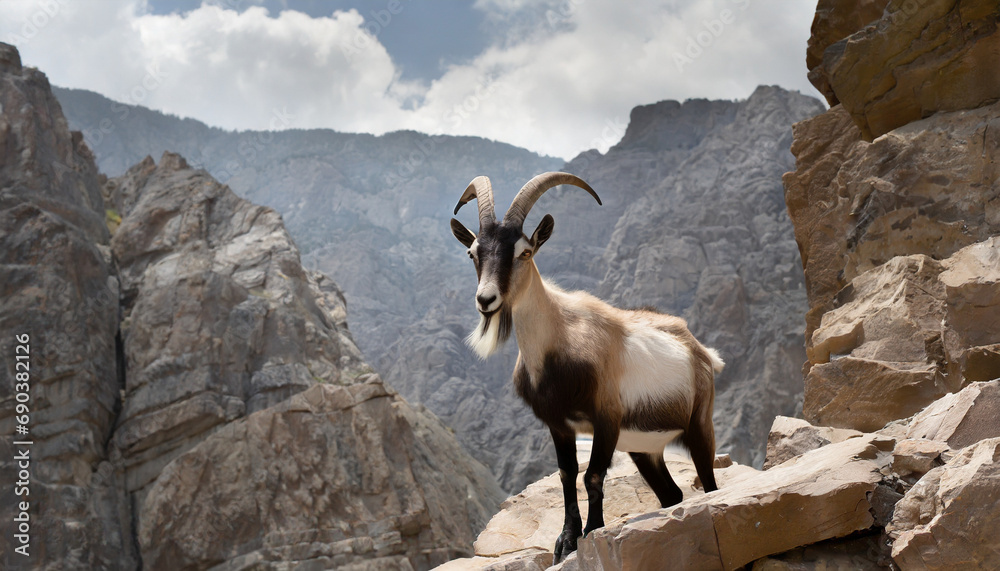 Outdoors mug shot mountain goat stands among the rocky cliffs at sunset.