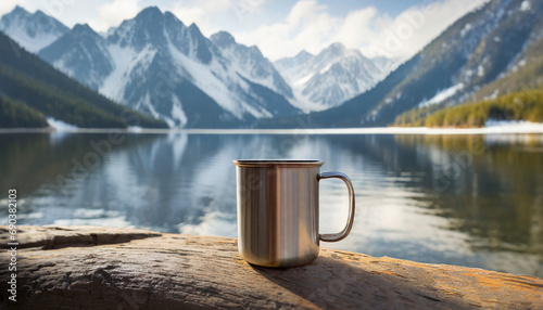 Outdoors mug of tea on the lake with the background of mountains.